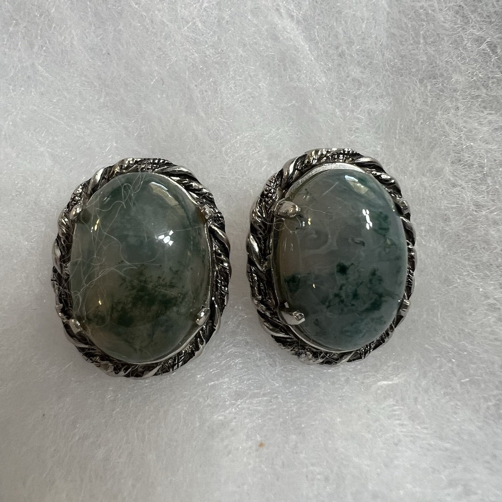 Vintage‎ Clips Clip Ons Earrings Teal Marbled silver Tone